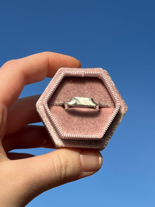 Mirror ring pictured against a blue sky in a pink ring box