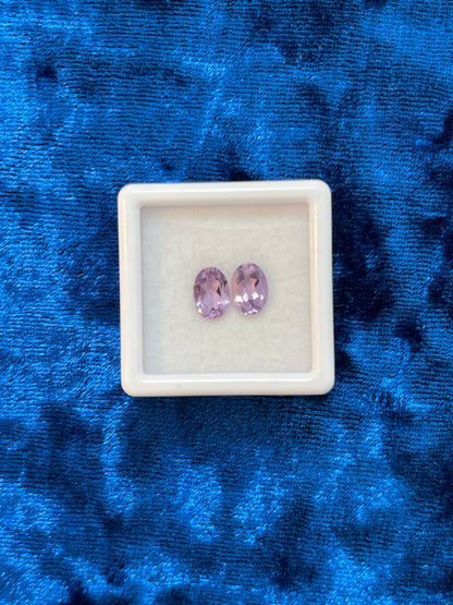 Pair of light purple earrings in a white box on a blue textured background