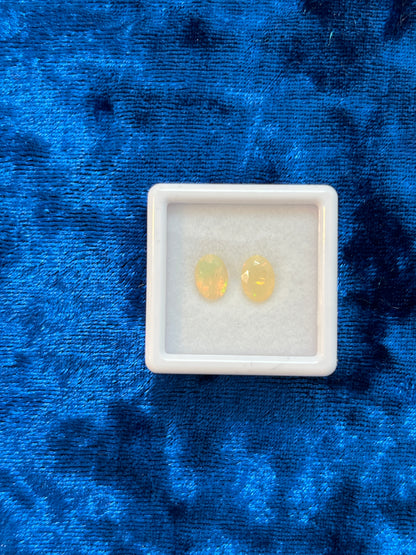 Two yellow opal gemstones in a white box on a blue textured background