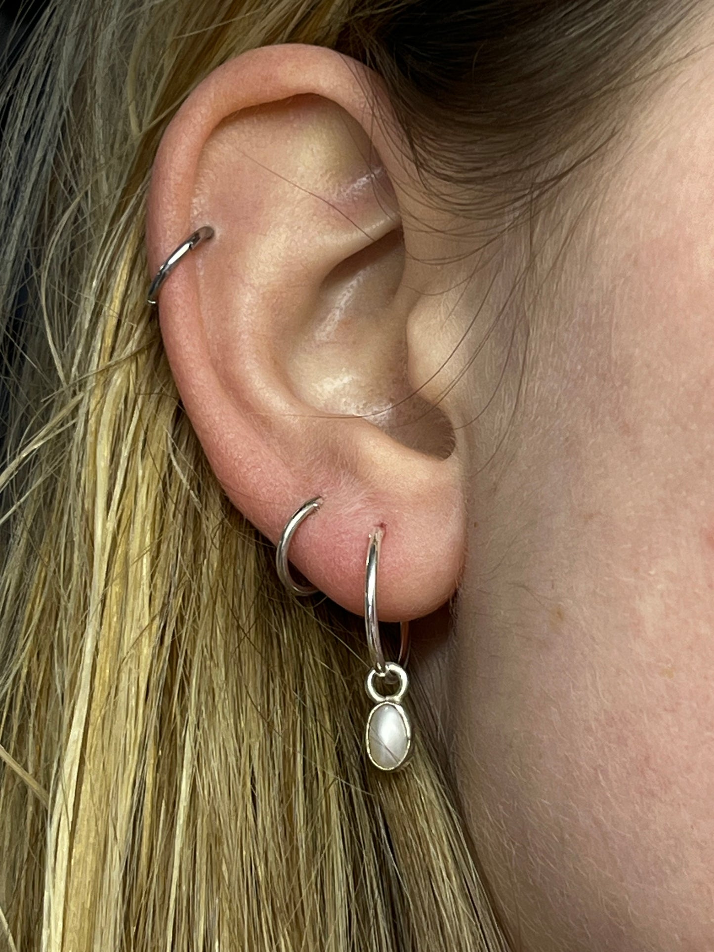 pearl drop and 16mm hoop pictured in ear