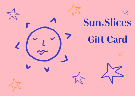 A branded sunslices giftcard featuring the sleepy sunface logo and hand drawn stars in the brand colours of pink, blue and orange.